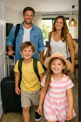Familia sonriente entrando en un apartamento vacacional alquilado
